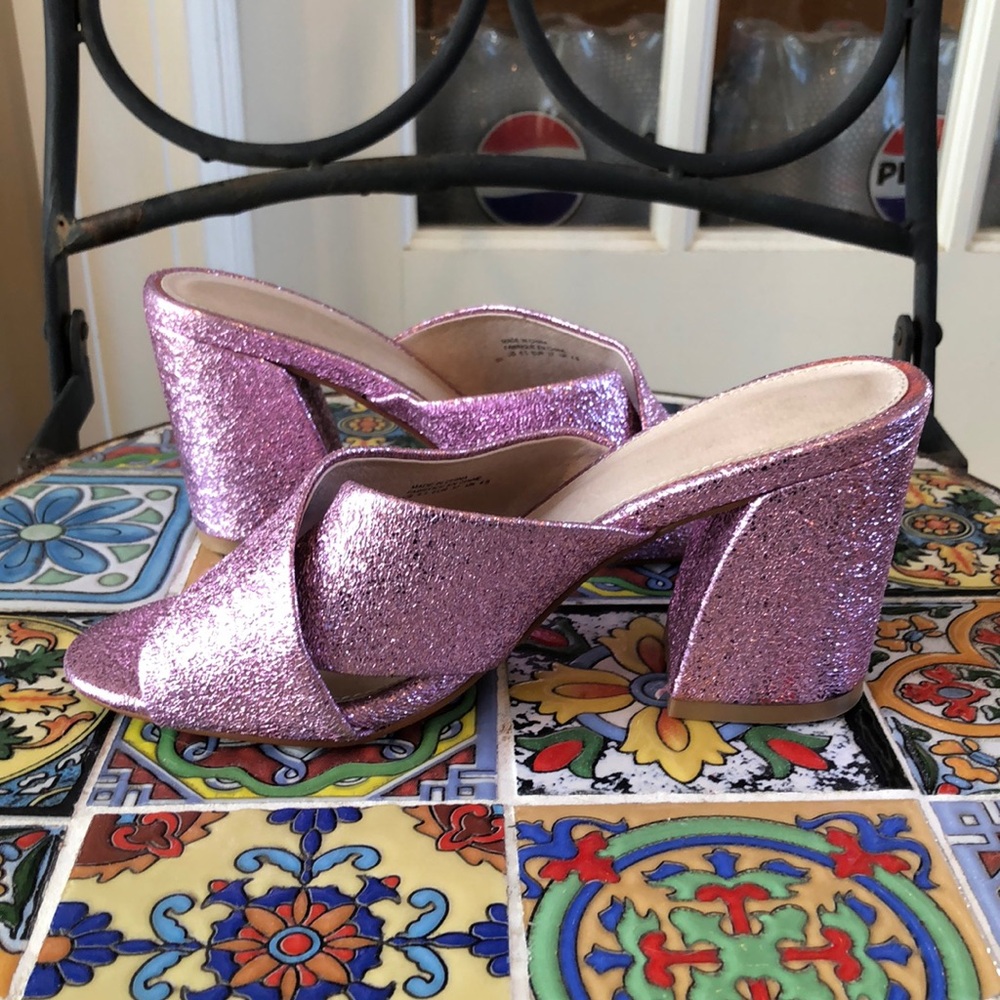 Shellys London pink sparkle chunky heeled mule